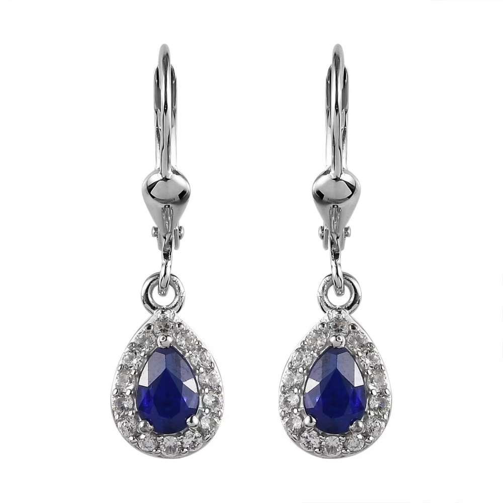 Natural Blue Spinel & White Zircon Halo Dangle Earrings In 925 Sterling Silver